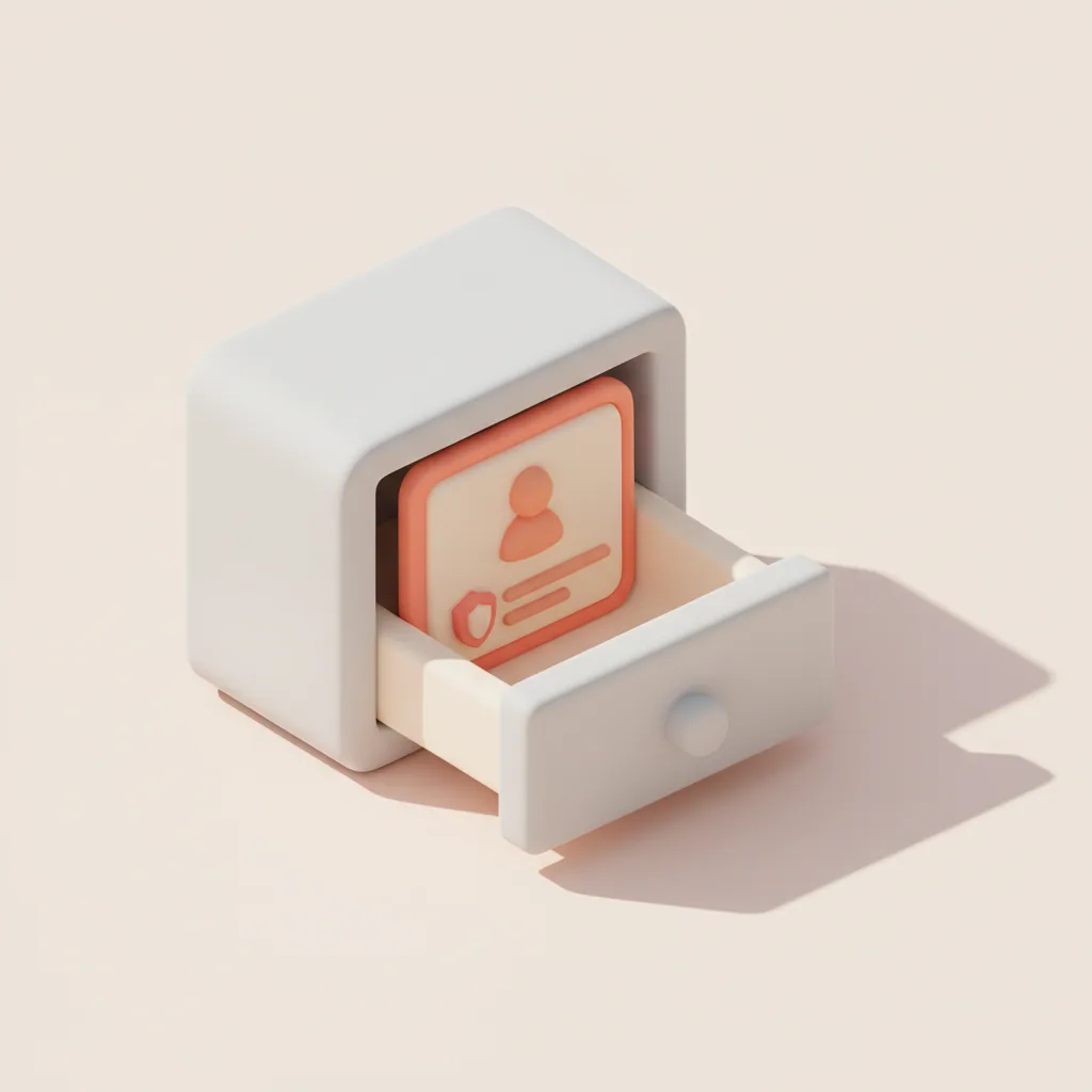 Illustrazione 3D soft: un cassetto con una scheda anagrafica cliente e uno scudo di protezione, i dati restano del ristorante
