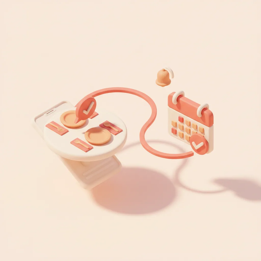 Illustrazione 3D isometrica soft: un tavolo di ristorante collegato a uno smartphone con chat e calendario, prenotazione confermata e campanella reminder, toni coral e crema
