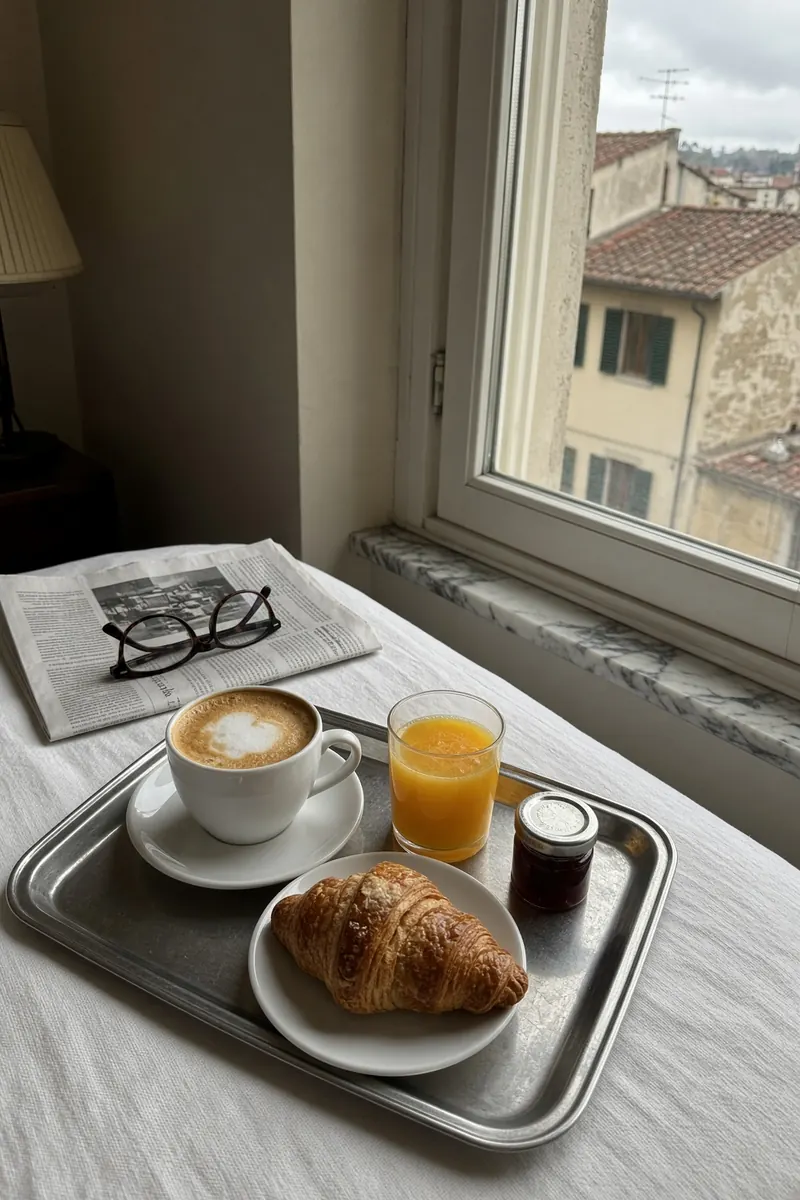 Vassoio della colazione in camera d'albergo con cappuccino e cornetto