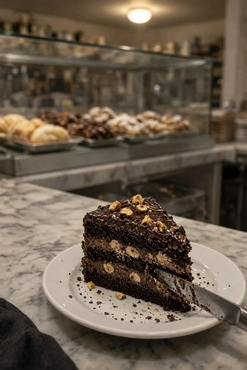 Fetta di torta al cioccolato e nocciole tagliata sul banco di una pasticceria