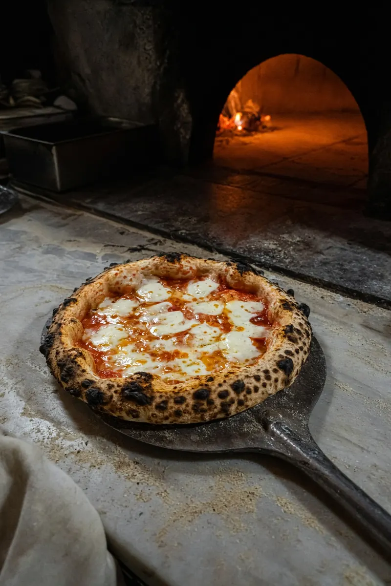 Pizza margherita appena uscita dal forno a legna sulla pala