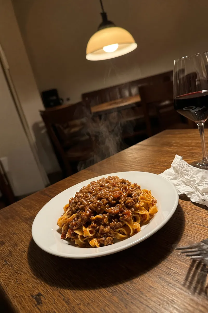 Tagliatelle al ragù fumanti su un tavolo di trattoria