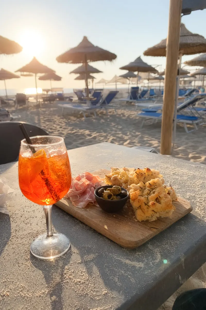 Spritz e tagliere su un tavolino di un bar in spiaggia al tramonto