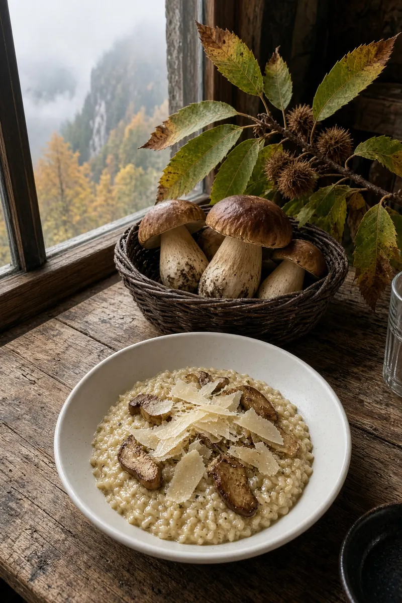 Risotto ai porcini con funghi freschi accanto, su tavolo di legno