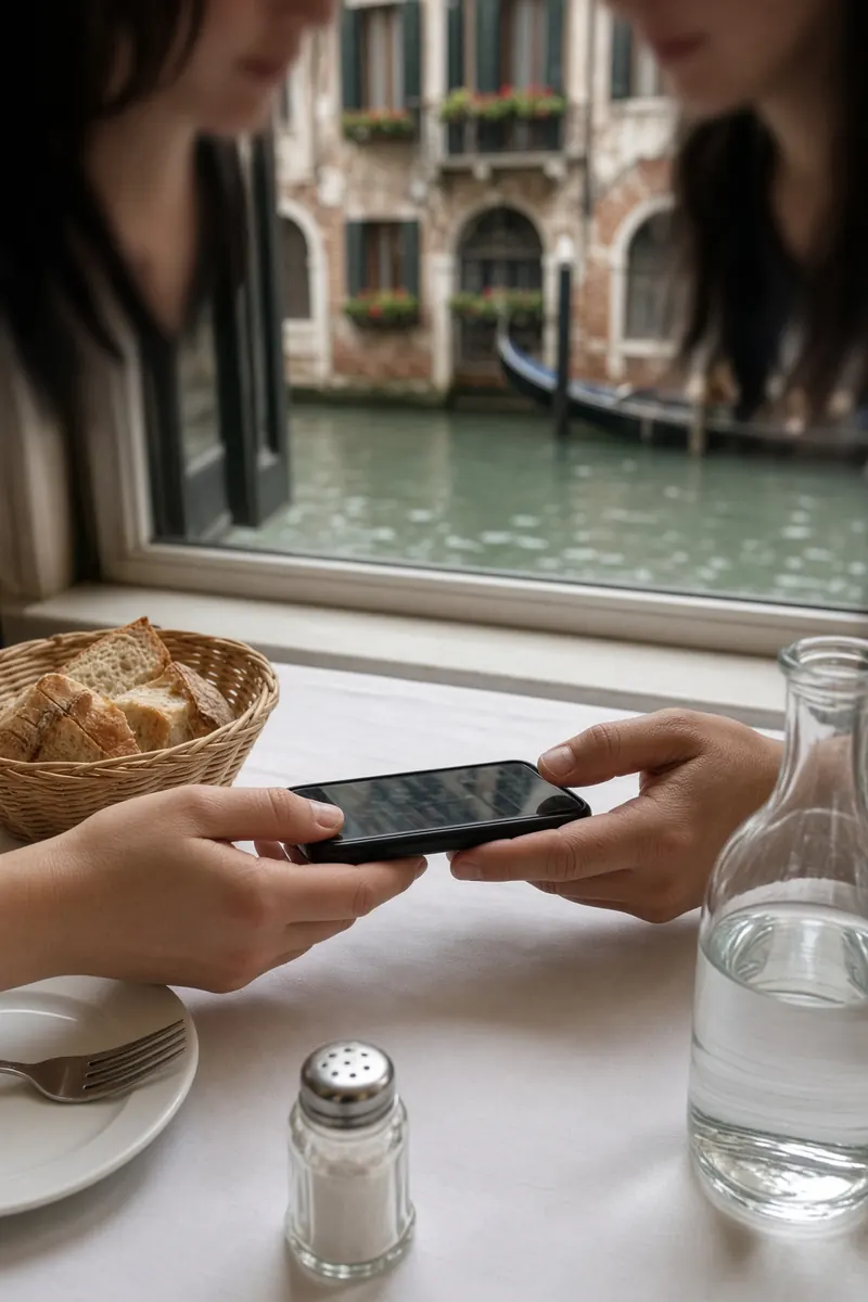 Due turisti al tavolo guardano insieme un telefono, foto da telefono